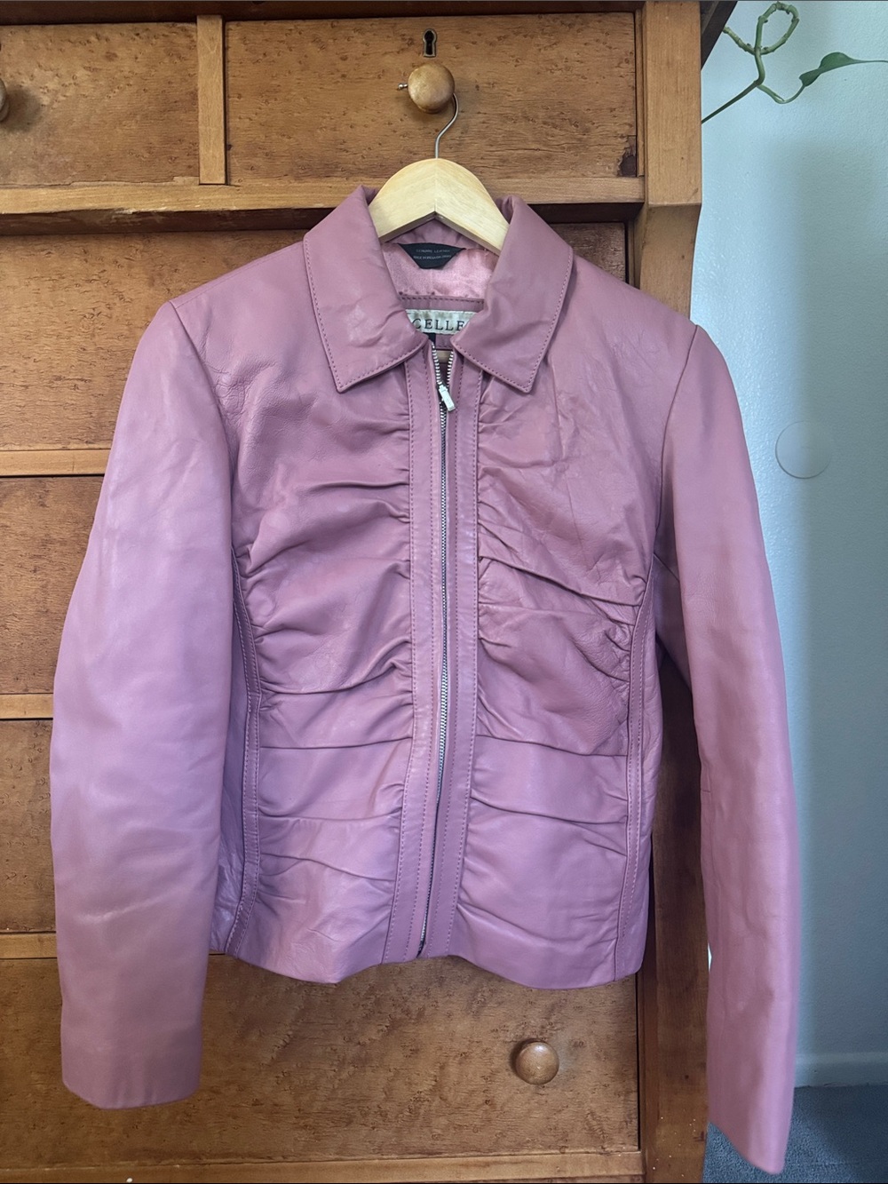 Women’s Dusty Rose Leather Jacket with Ruffle Front